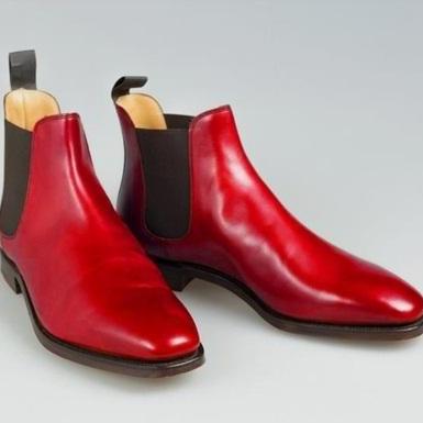 Handmade Red Leather Shinny Men Chelsea Ankle..