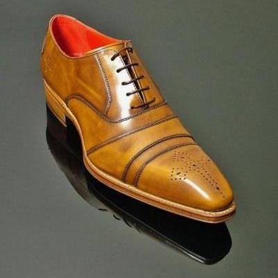Handmade Tan Cap Toe Brogue Leather Lace Up Shoes..