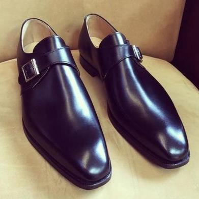 Black Single Monk Strap Shoes, Handmade Leather..