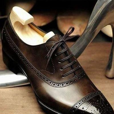 Handmade Dark Brown Cap Toe Brogue Leather Shoes..
