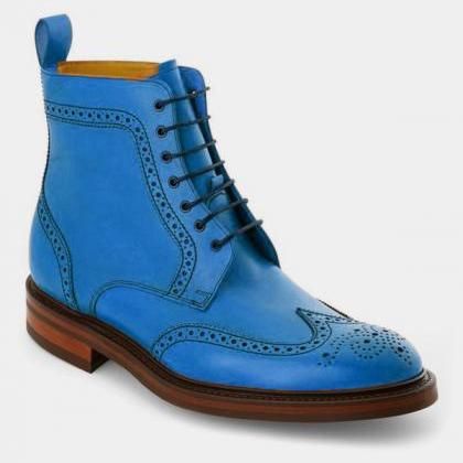 Handmade Trendy Blue Leather Fancy Ankle Wing Tip..