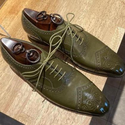 Top Fashion Hand Stitch Olive Green Shoes, Wingtip..