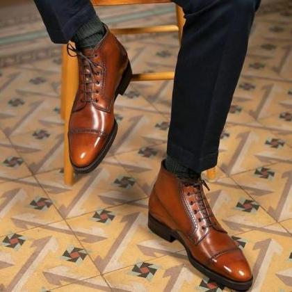 Adult Brown Cap Toe Genuine Leather Lace Up Boot