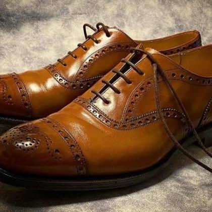 Handmade Brown Oxfords Cap Toe Genuine Leather..
