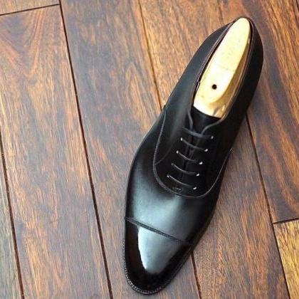 Handmade Black Cap Toe Leather Office Shoes