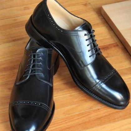 Handmade Black Cap Toe Lace Up Office Shoes