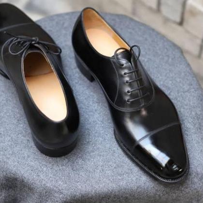 Western Style Black Cap Toe Leather Lace Up Shoes