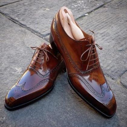 Handmade Brown Oxfords Wingtip Brogue Leather Lace..