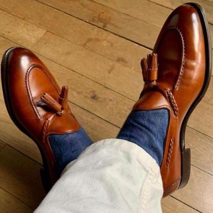 Men's Brown Tassels Loafer Leather..