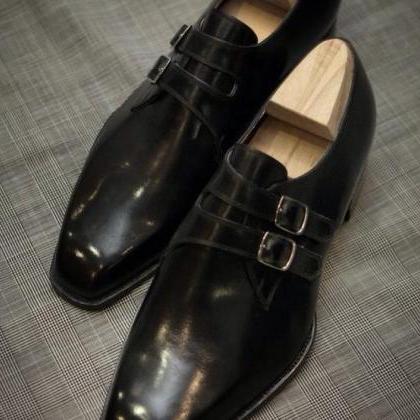 Handmade Black Double Monk Strap Leather Formal..