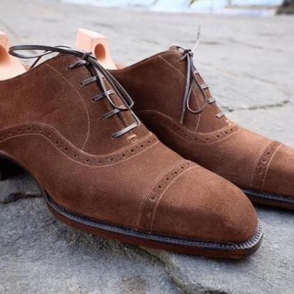 Handmade Brown Cap Toe Suede Lace Up Shoes