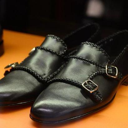 Handmade Black Double Monk Strap Leather Party..