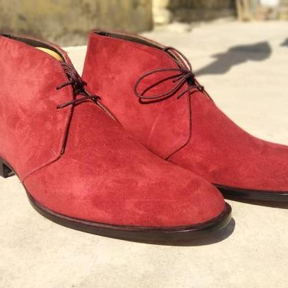 Handmade Red Chukka Lace Up Genuine Suede Formal..