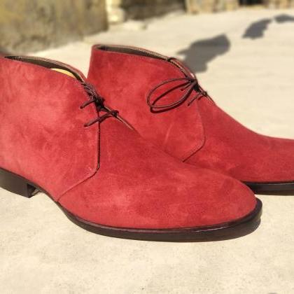 Handmade Red Chukka Lace Up Genuine Suede Formal..