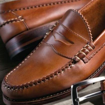 Handmade Brown Moccasin Loafer Leather Formal..