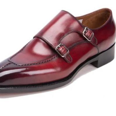 Trendy Men's Hand Made Burgundy Double Monk Strap Leather Wedding Shoes