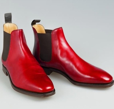 Handmade Red Leather Shinny Men Chelsea Ankle Formal Dressing Christmas Boot