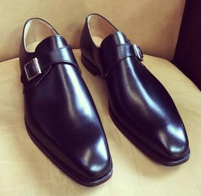 Black Single Monk Strap Shoes, Handmade Leather Shoes For Men