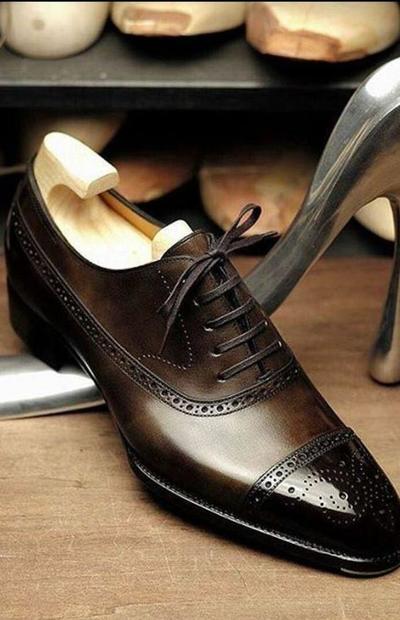 Handmade Dark Brown Cap Toe Brogue Leather Shoes For Men