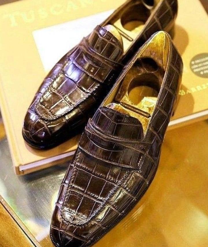 Handmade Men's Alligator Skin Shoes, Brown Loafer Formal Wear Shoes