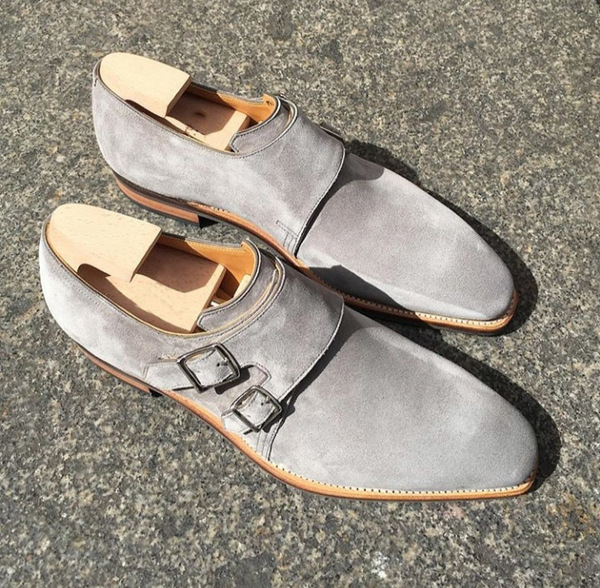 Luxury Handmade Gray Suede Double Monk Straps Shoes, Men's Dress Shoes