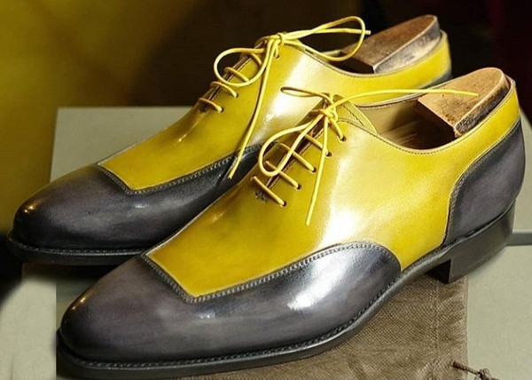 Elegant Handmade Men's Yellow and Gray Color Leather lace Up Fashion Shoes.
