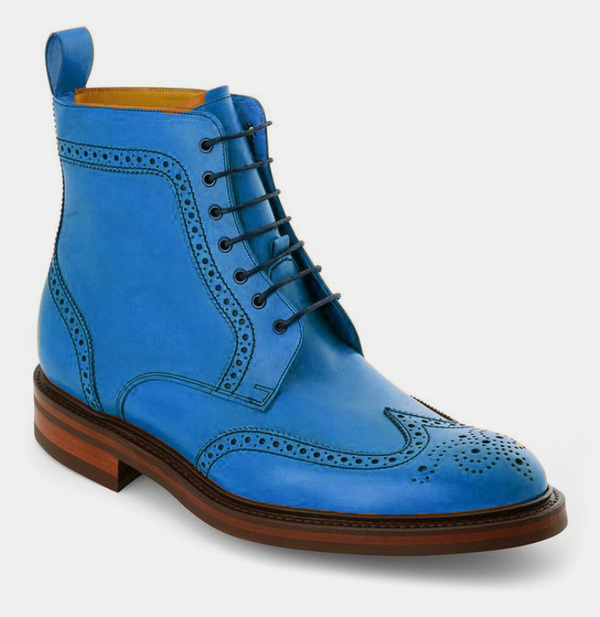 Handmade Trendy Blue Leather Fancy Ankle Wing Tip Formal Boot