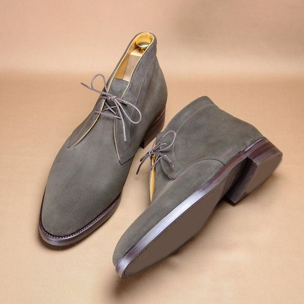 Handmade Chukka Gray Suede Lace Up Boot For Men's