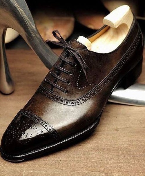Decent Men's Brown Black Tone Cap Toe Lace Up Leather Wedding Shoes
