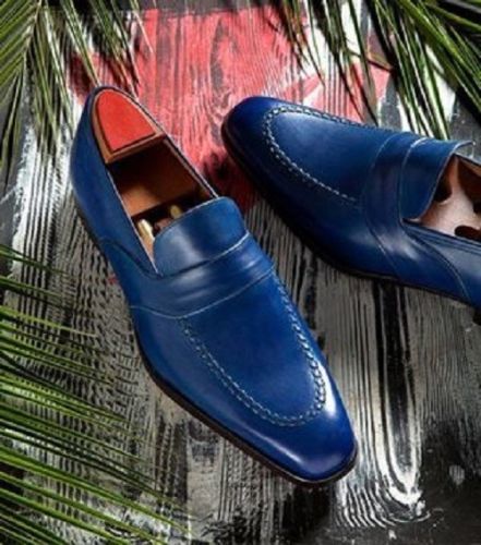 Trendy Men's Handmade Blue Genuine Leather Moccasin Formal Shoes