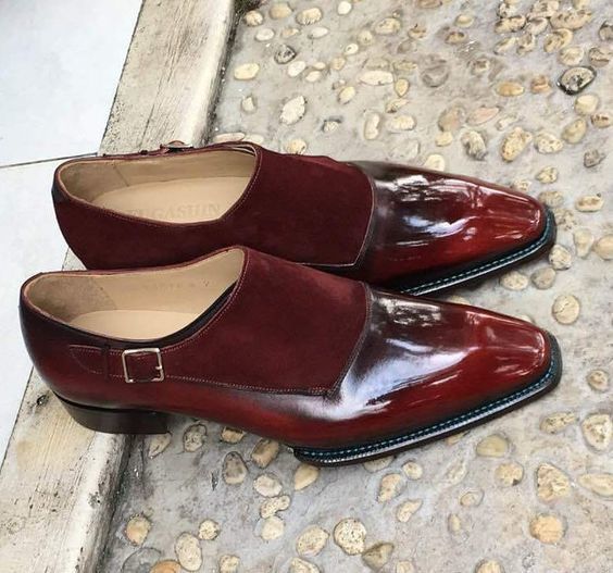 Men's Handmade Maroon Single Monk Strap Suede Leather Shoes
