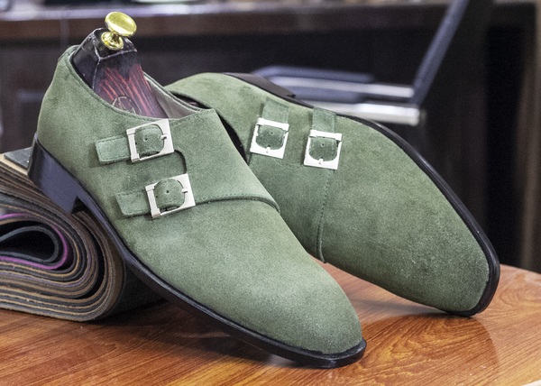 Handmade Men's Grey Suede Double Monk Strap Shoes