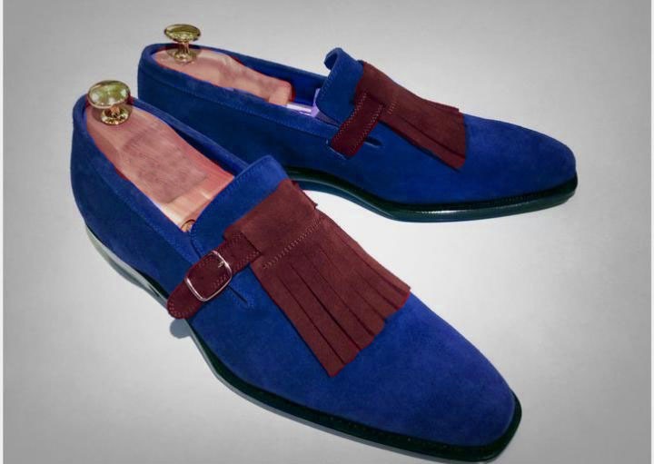 Classic Men's Handmade Two Tone Fringe Monk Style Suede Shoes