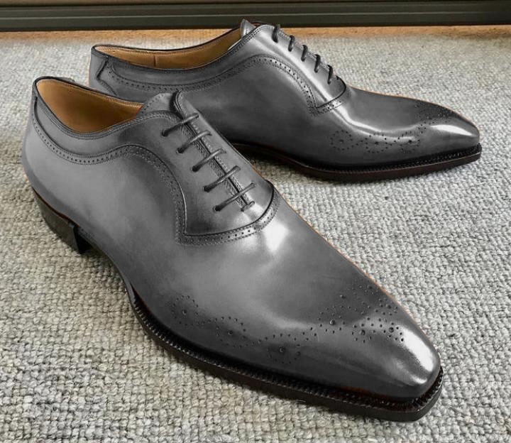 Men's Handmade Grey Brogue Toe Leather Lace Up Shoes