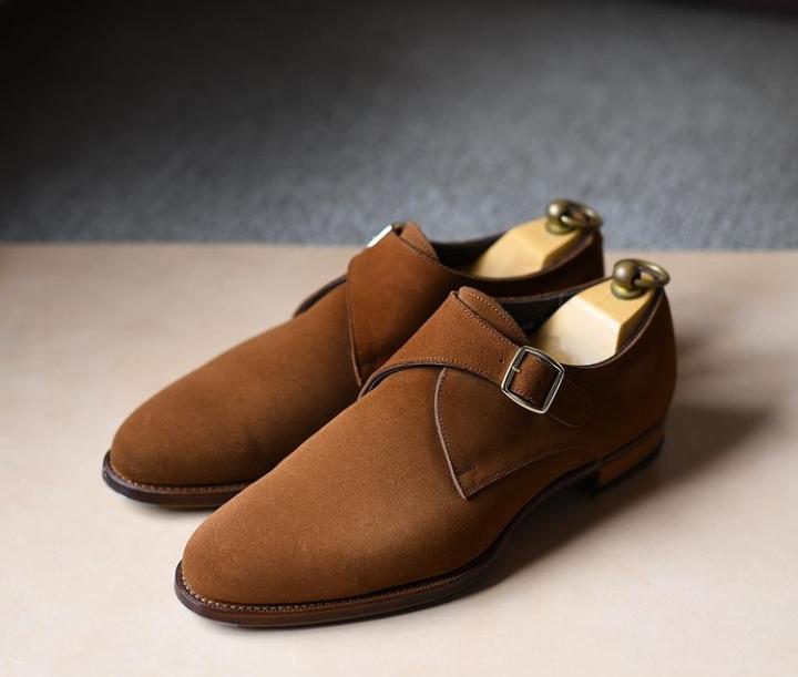 Customise Men's Brown Single Monk Strap Suede Hand Made Shoes