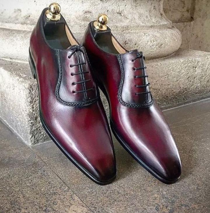 Hand Made Men's Burgundy Black Tone Genuine Leather Lace Up Formal Shoes