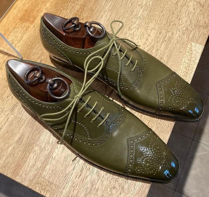 Top Fashion Hand Stitch Olive Green Shoes, Wingtip Brogue Leather Lace Up Shoes