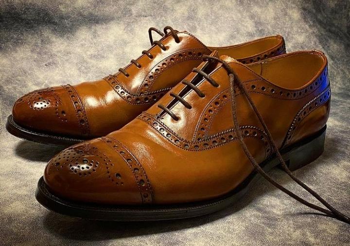 Handmade Brown Oxfords Cap Toe Genuine Leather Brogue Lace Up Shoes
