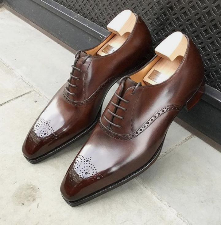 Luxury Men's Brown Brogue Leather Shoes, Handmade Lace Up Formal Shoes