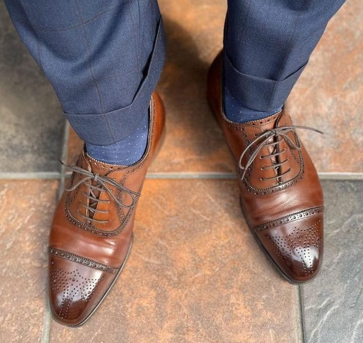 Decent Wear Men's Oxfords Brown Cap Toe Brogue Leather Lace Up Shoes