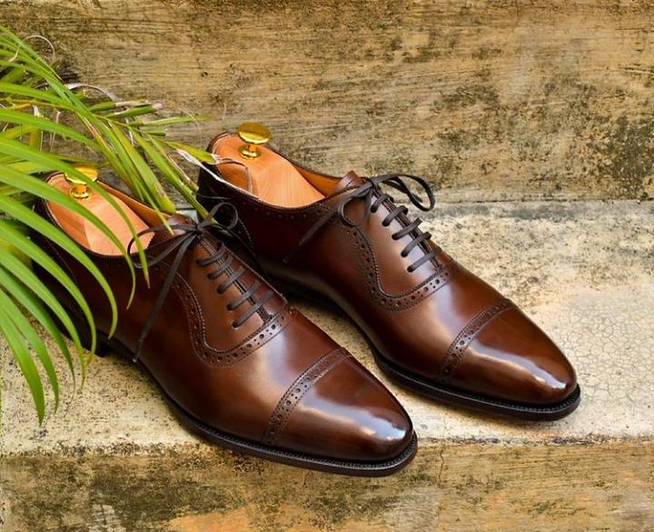 Luxury Men's Hand Stitch Brown Oxfords Cap Toe Lace Up Shoes