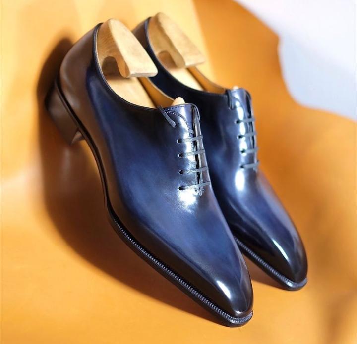 Hand Made Men's Navy Blue Derby Leather Lace Up Shoes