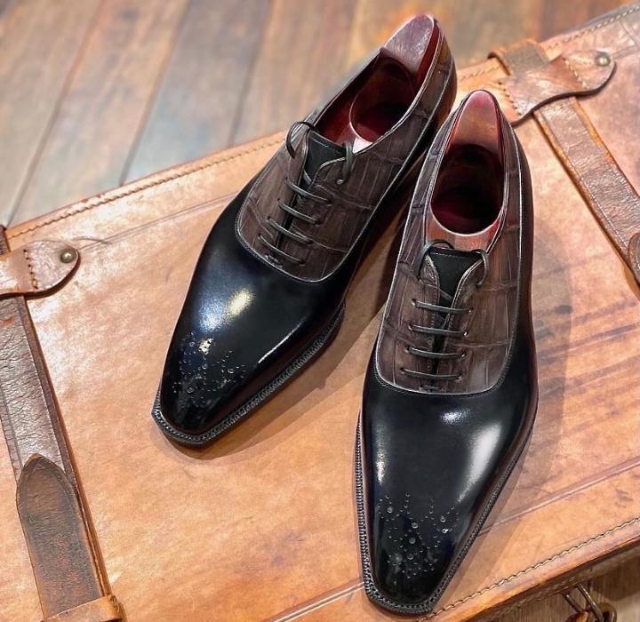Trendy Men's Black Brown Alligator Leather Shoes, Handmade Brogue Lace Up Wedding Shoes