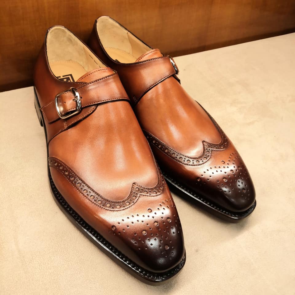 Handmade Men's Brown Single Monk Strap Leather Shoes