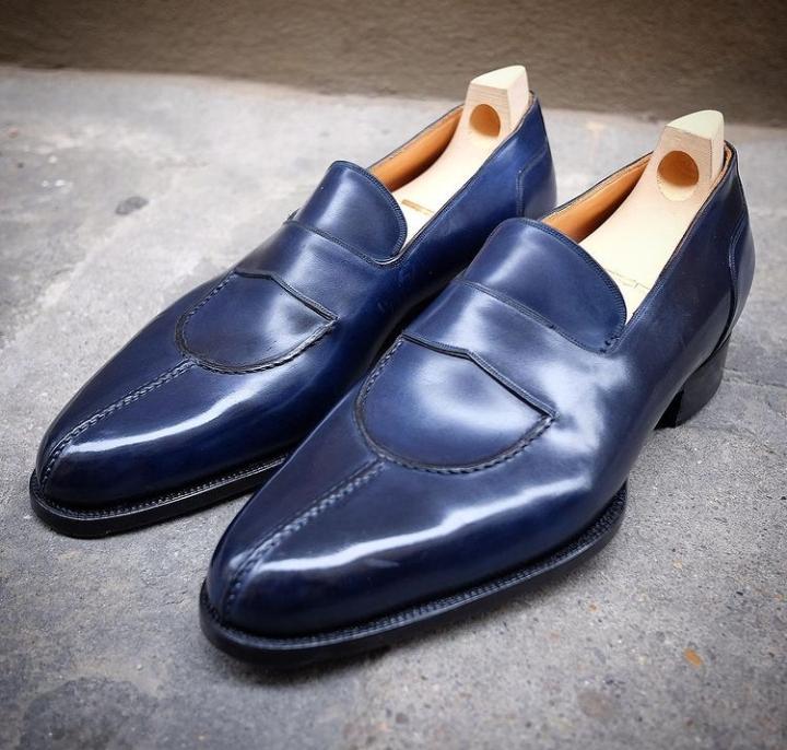 Luxury Men's Hand Stitch Navy Blue Split Toe Moccasin Leather Shoes
