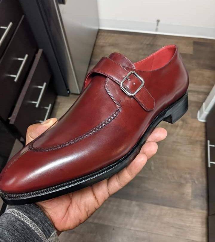Top Men's Burgundy Single Monk Strap Leather Formal Wedding Shoes