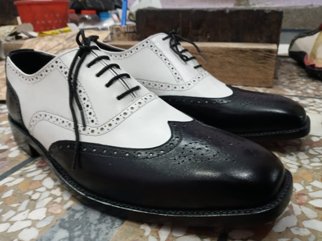 Luxury Men's Hand Stitch White Black Wingtip Shoes, Oxfords Leather Lace Up Shoes