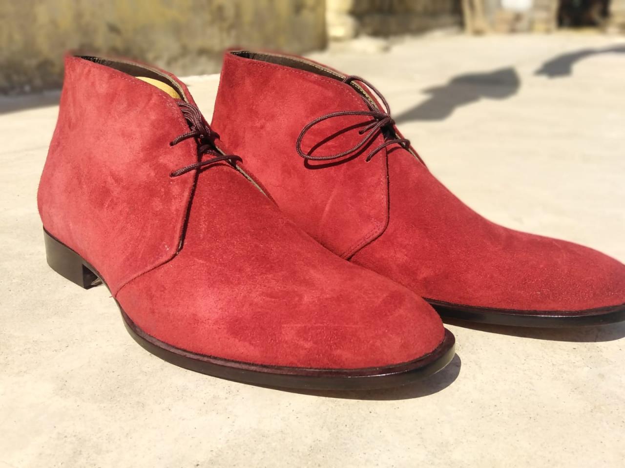 Handmade Red Chukka Lace Up Genuine Suede Formal Shoes