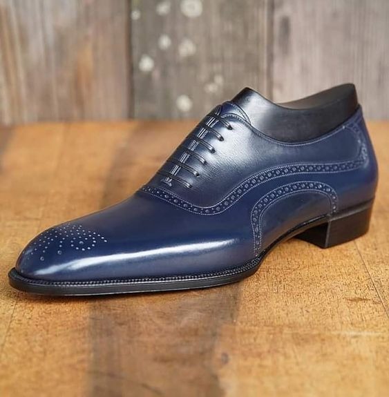 Men's Hand Stitch Navy Blue Shoes, Brogue Leather Lace Up Formal Shoes