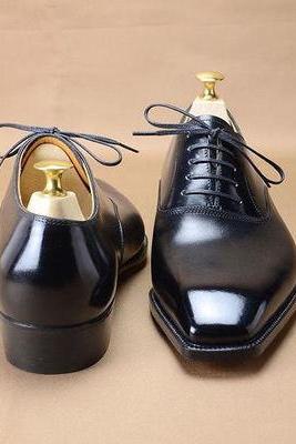New Men's Handmade Black Narrow Toe Leather Shoes